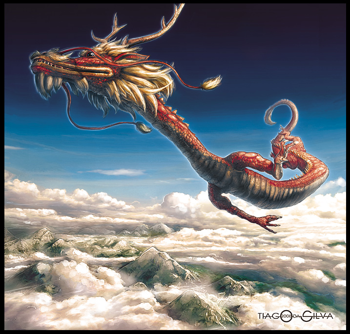 Flying dragon in a cloudy sky